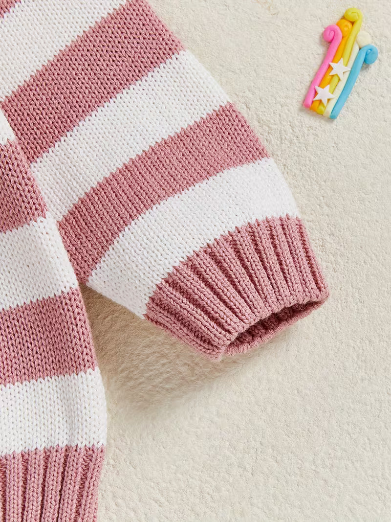 Cozy Pink & White Striped Knit Cardigan