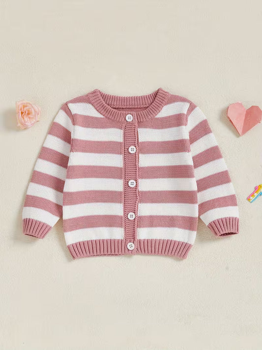Cozy Pink & White Striped Knit Cardigan